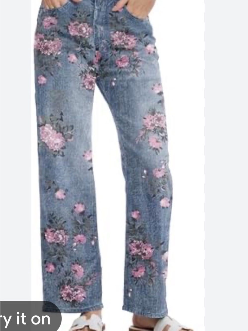 Women’s High Rise Baggy Floral Print Blue Denim Jeans - Pink Rose